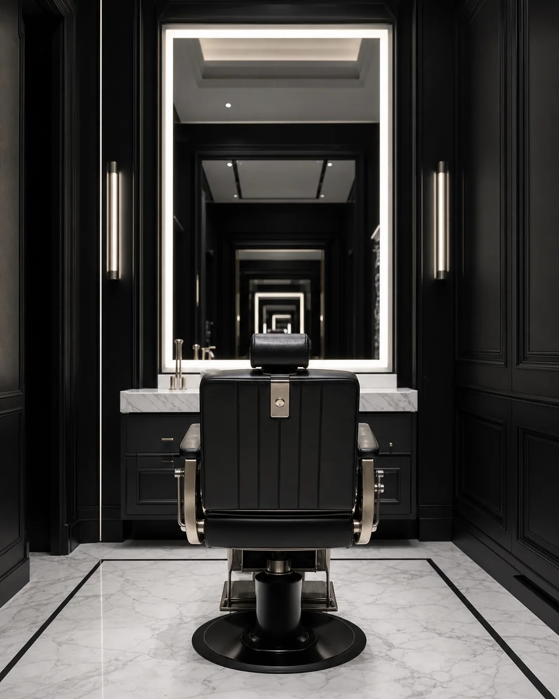 Fauteuil noir et miroir lumineux dans un univers de barber contemporain