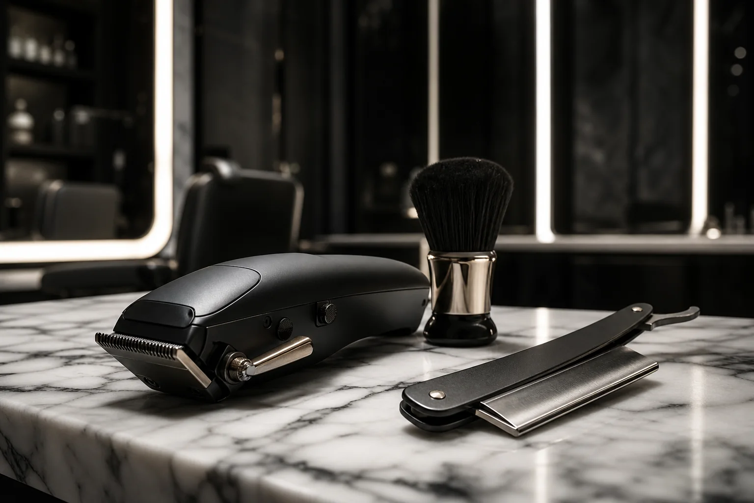 Tondeuse et outils de barbier sur marbre blanc