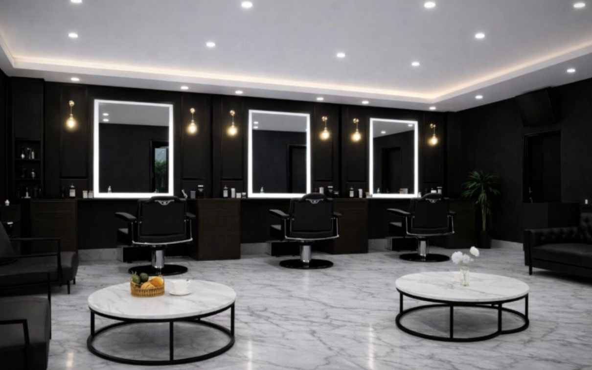 Intérieur réel noir et marbre blanc de Maximus Barbershop à Calais